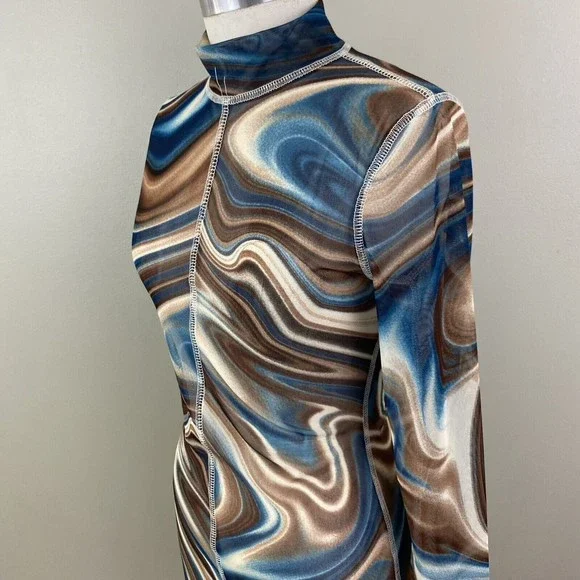 Vtg 90s Y2k Mesh Dress S M Bodycon Swirl Sheer Stretch Blue Brown Rave Club - Picture 5 of 11